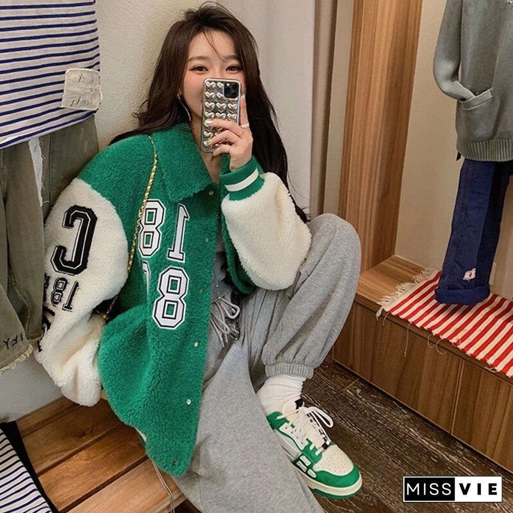 Winter Fall Korean Fashion Faux Lambswool Cropped Jacket Women Letters Patch Designs Colorblock Baseball Uniform Jacket New