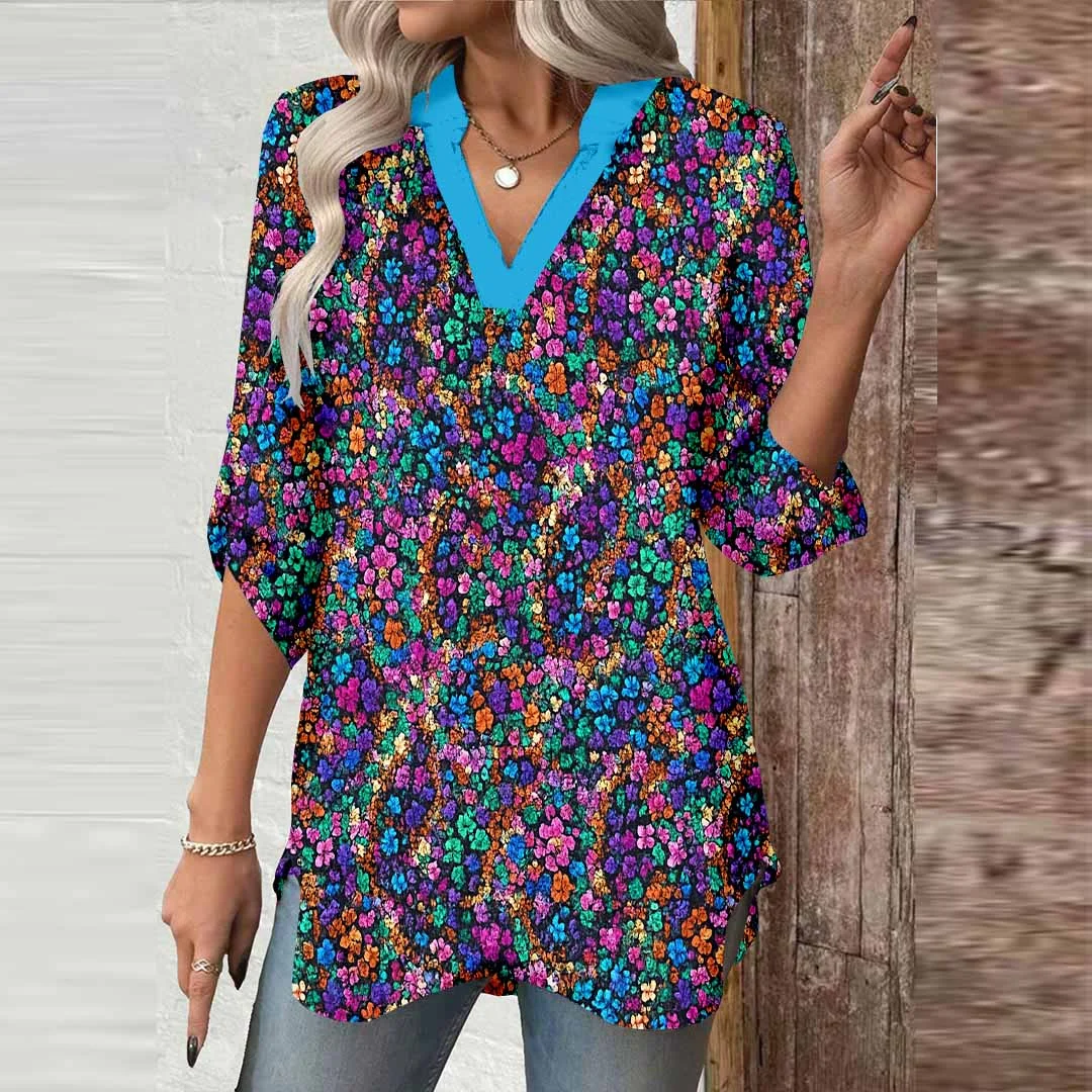Women Colorful, Splashed DZGA0491 3/4 Sleeve V-neck Printed Graphic Button Tops