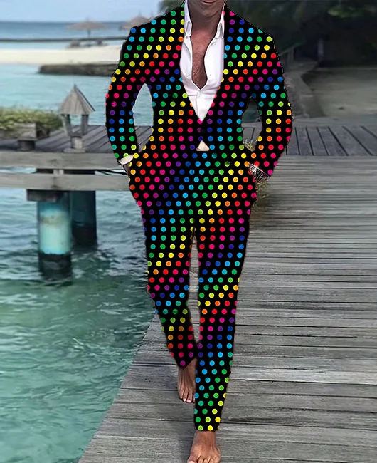 Rainbow Polka Dot Single Breasted Blazer & Pants 2Pcs Set 