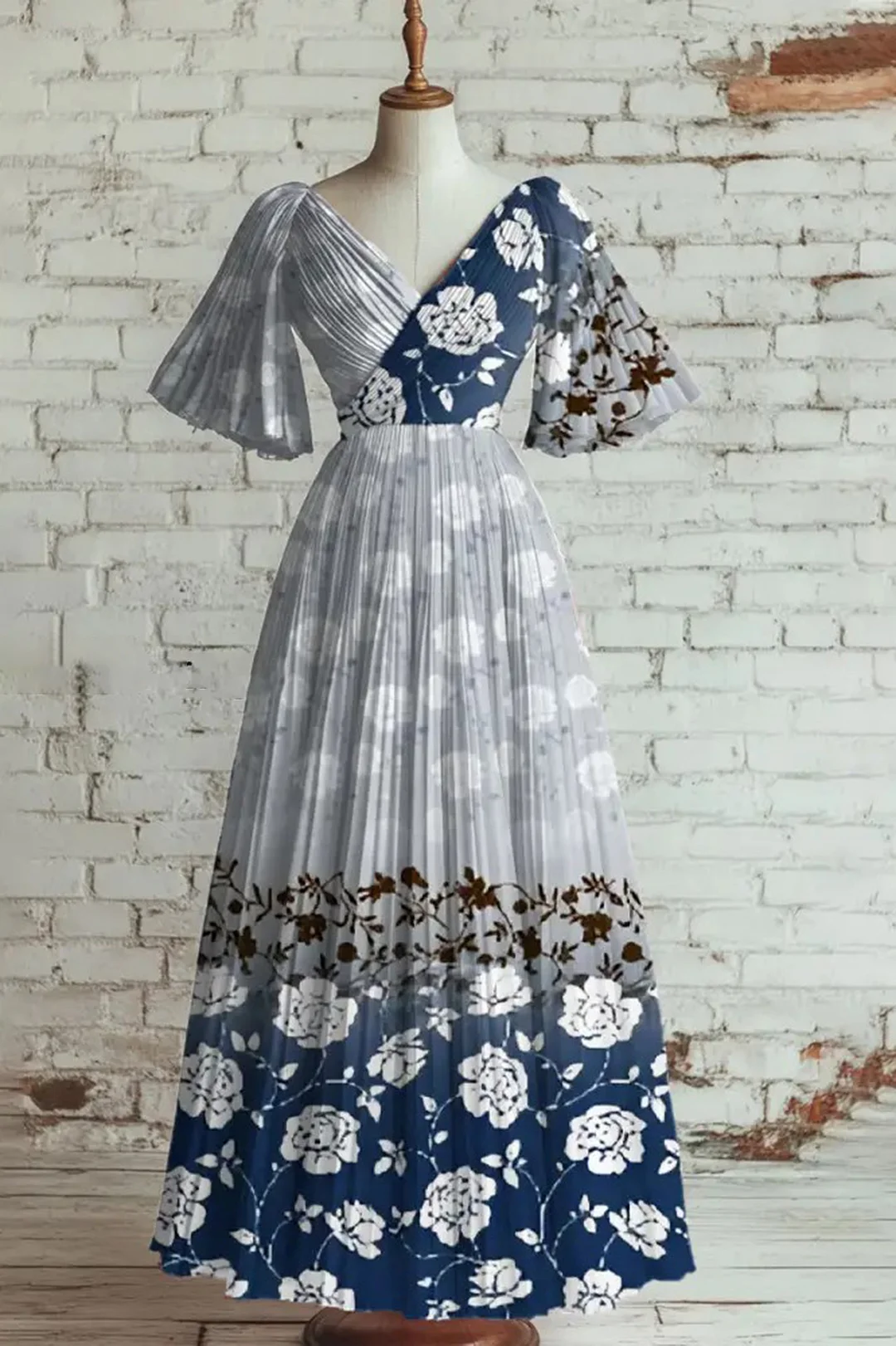 Floral Art Print V-Neck Short Sleeve Vintage Elegant Dress