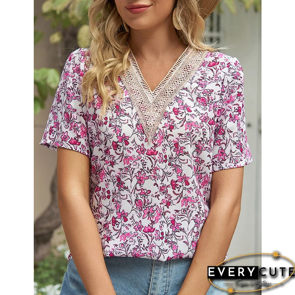 Purplish Red V Neck Floral Chiffon Short Sleeve Tees