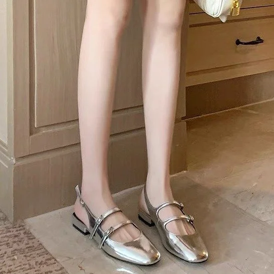 Churchf Churchf Vintage Double Buckle Silver Mary Jane Shoes Spring / Summer 2024 New Flat Low Heel Baotou Back Empty Sandals Woman