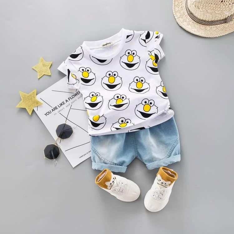 Baby Boy Clothing Set Kids Cute Summer Suit T-Shirt Denim Shorts Cartoon Children Outwear 1 2 3 4 Years Cotton Outfits Khaki Red
