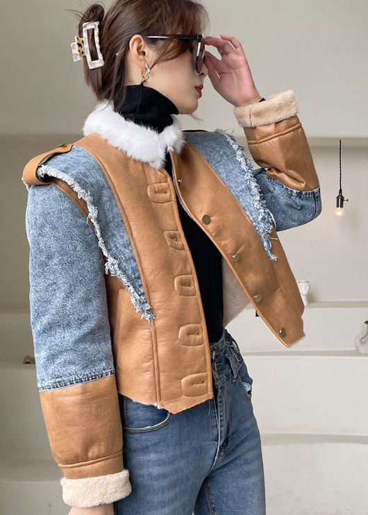 VCSHOES Blue Asymmetrical denim Patchwork Jackets Winter