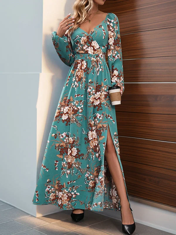 Women's Long Sleeve V-neck Floral Printed Slit Midi Dress