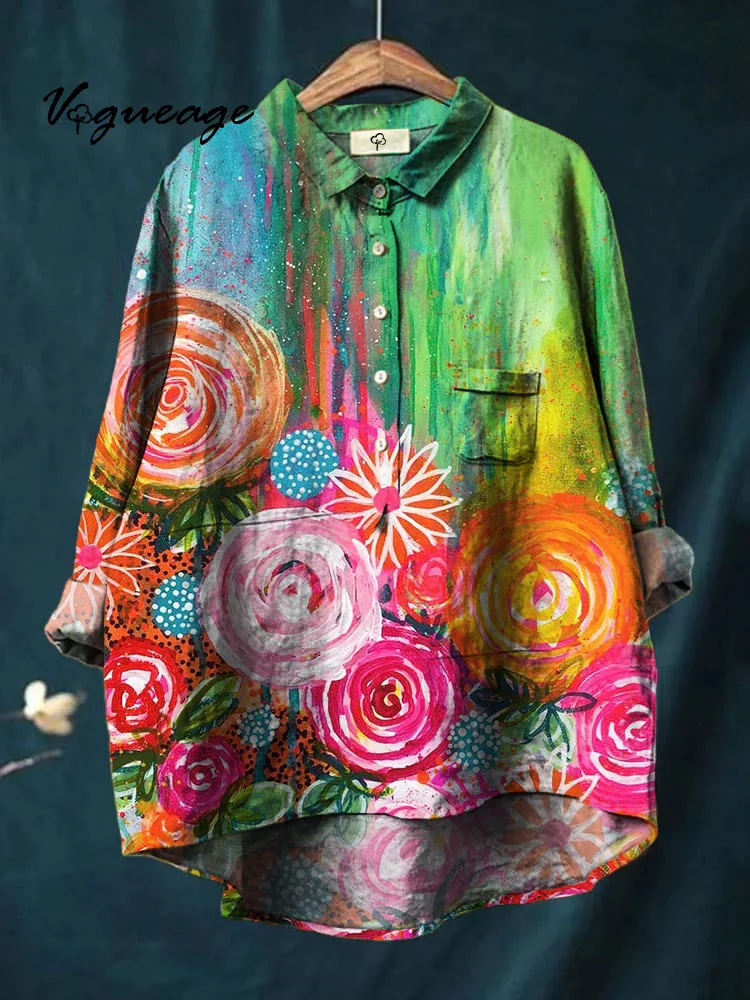 Bright Colorful Painting Flowers  Printed Cotton And Linen Shirt