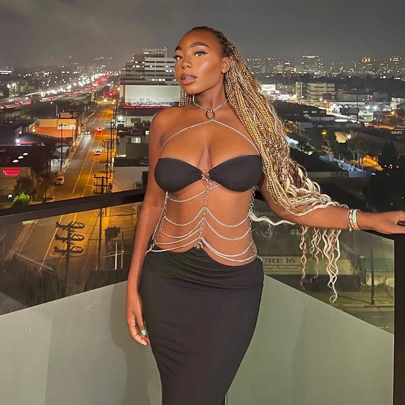 Toloer Black Chain Link Bandeau Midi Dress-Outfit Ideas