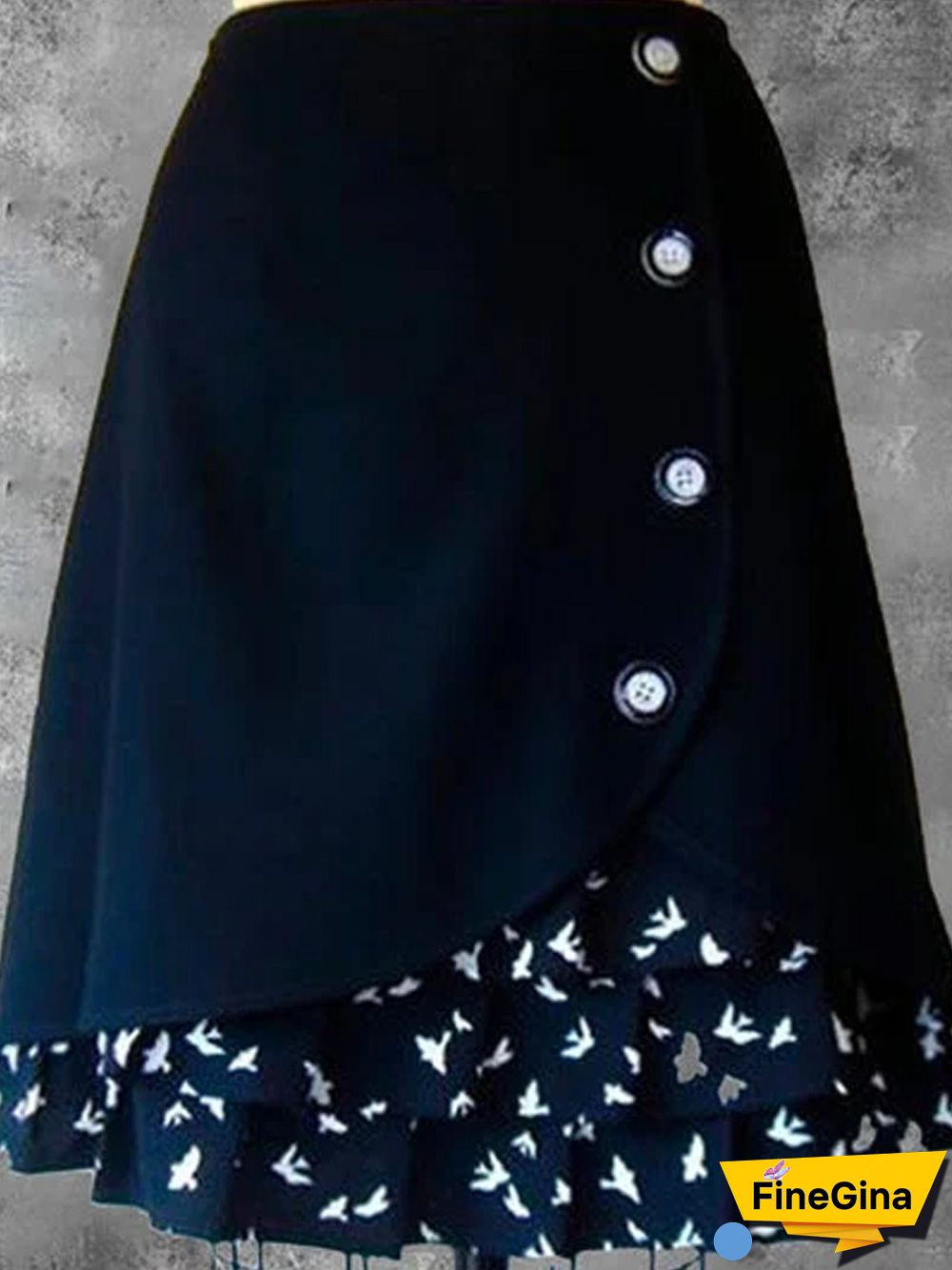 Dark Blue Cotton-Blend A-Line Floral-Print Casual Skirt