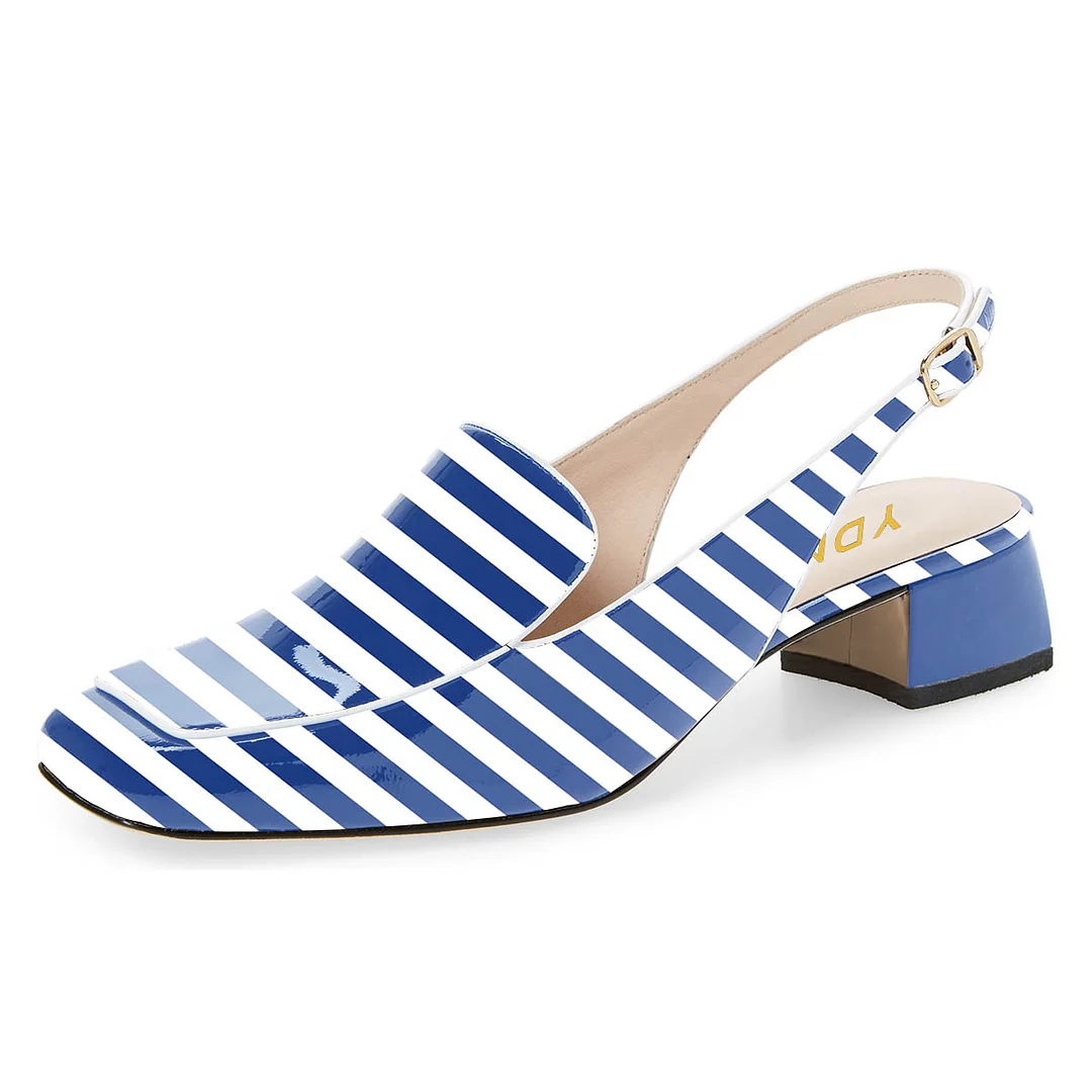 Blue & White Stripes Square Toe Chunky Heel Slingback Women's Loafers