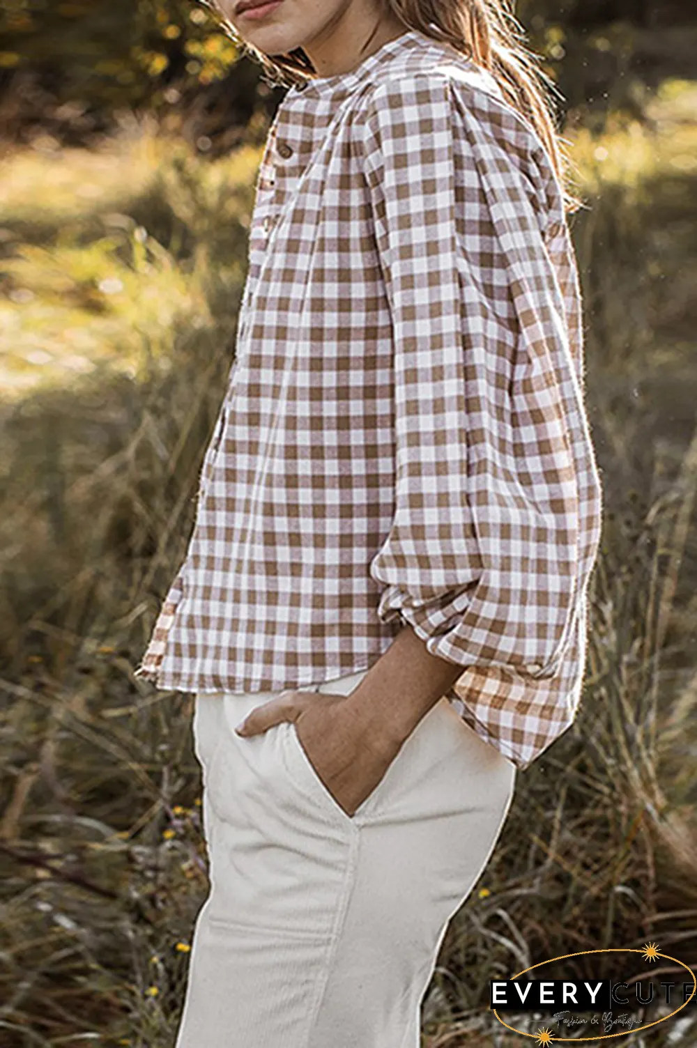 Casual Plaid Split Joint Tie-Dye O Neck Tops