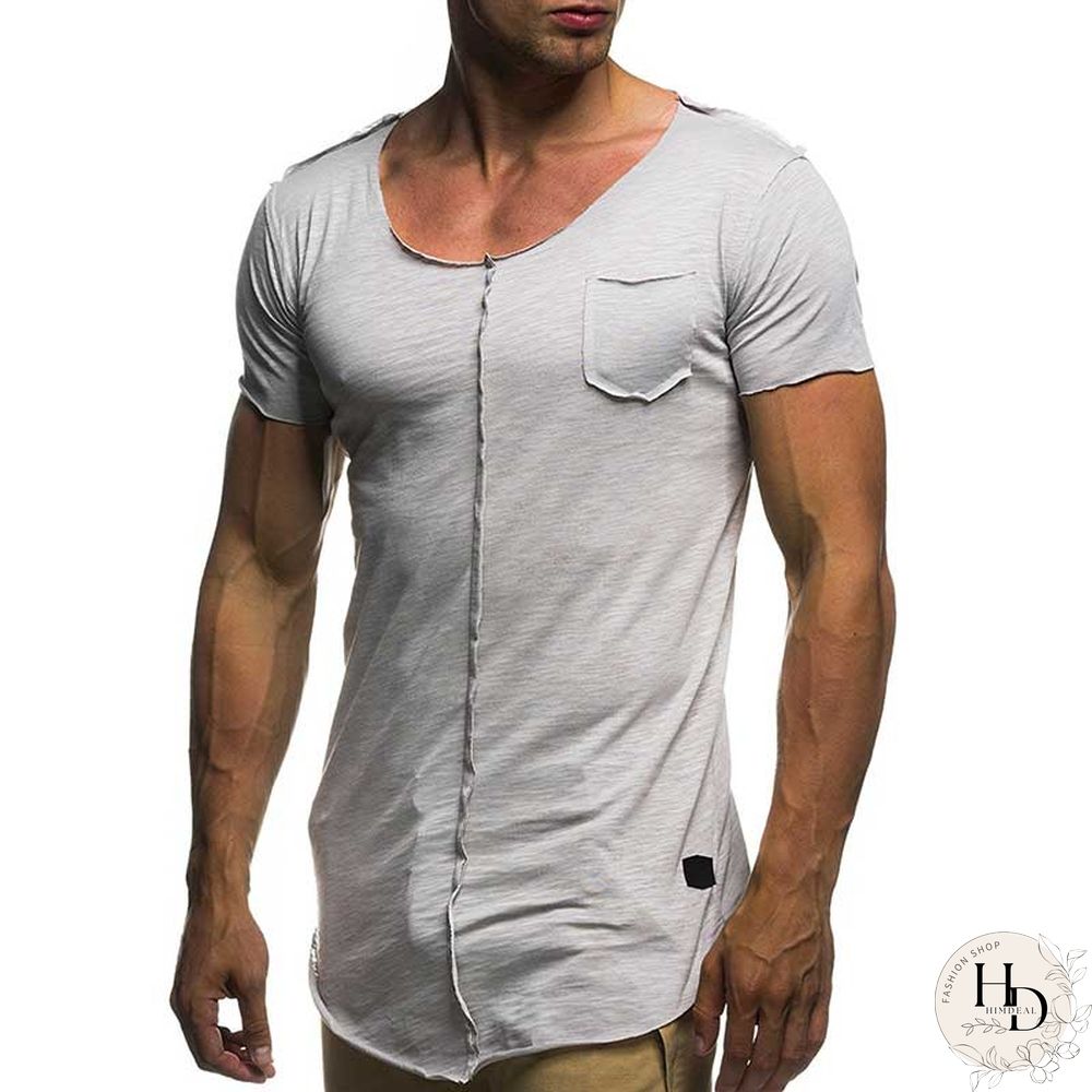 Fashion Mens Patchwork Tshirt Solid Short Sleeve Shirt Spring Summer Casual neck slim