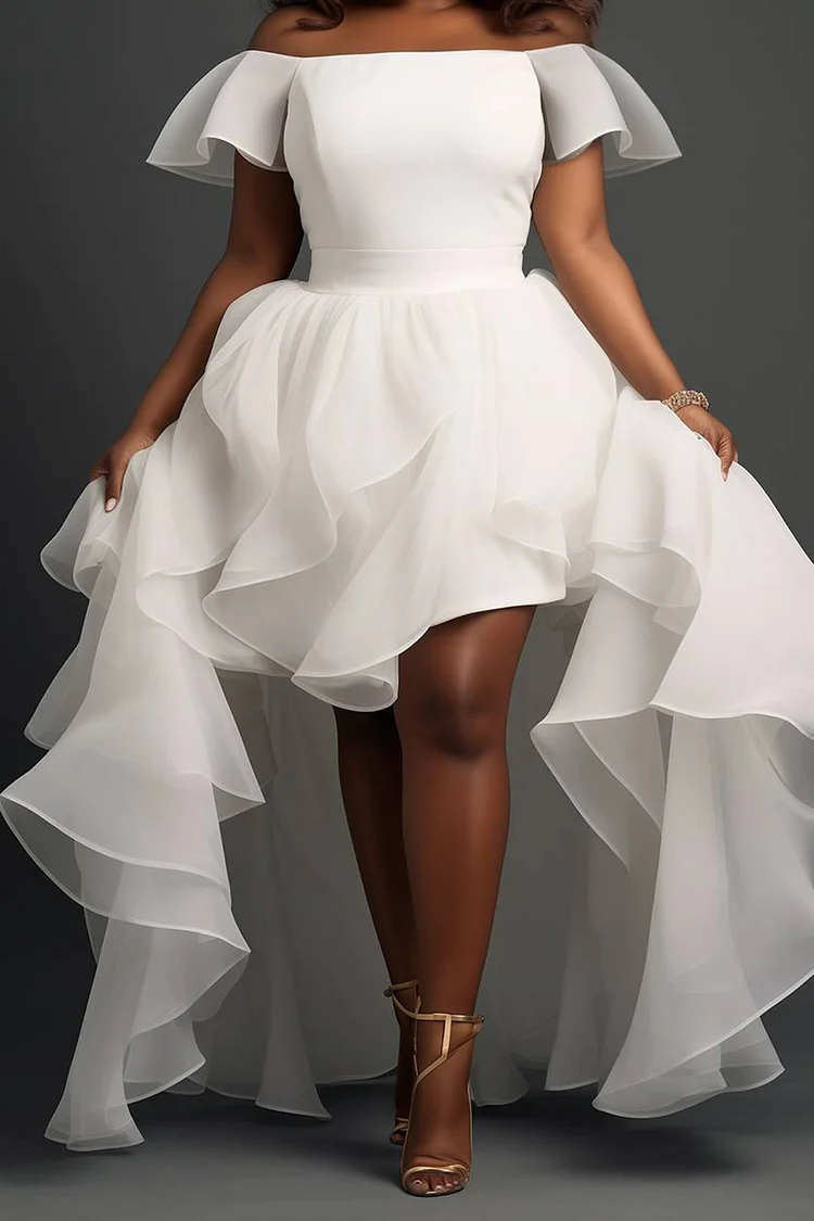 Xpluswear Design Plus Size Wedding Guest White Off The Shoulder Cap Sleeve Ruffle High Low Hem Tulle Mini Dresses Xpluswear