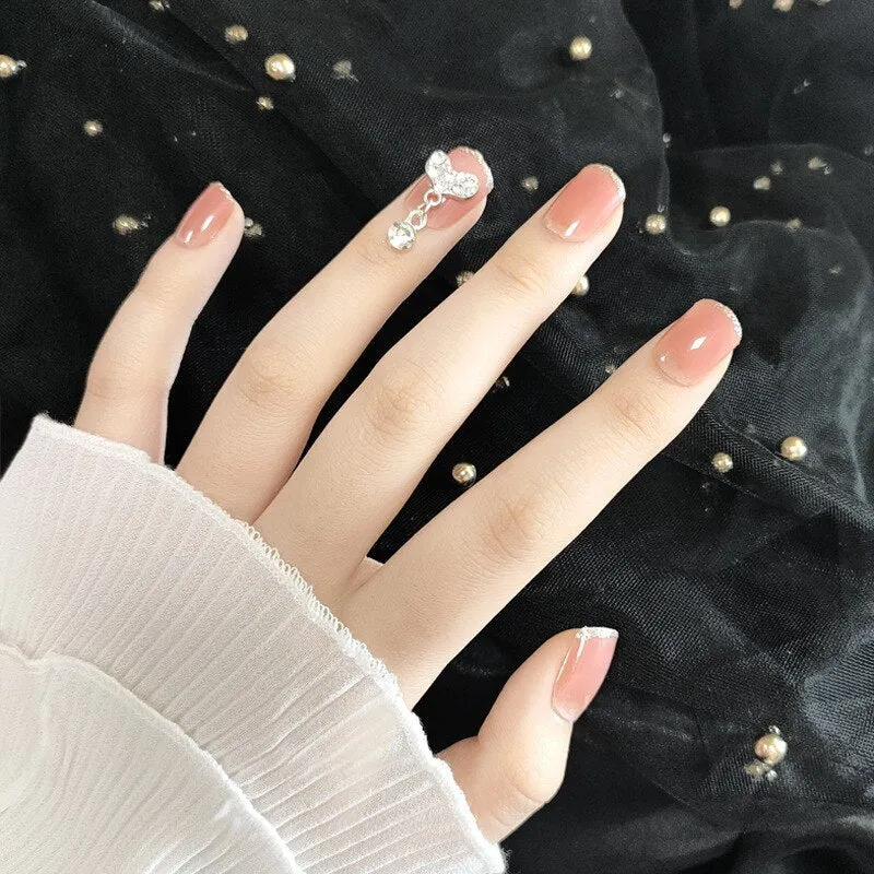 24pcs Pink False Nail Micro Clear Cute Fake Nails Press On Nail Long Nails With Rhinestones Summer Nail Art Decoration 515-Nail Inspo