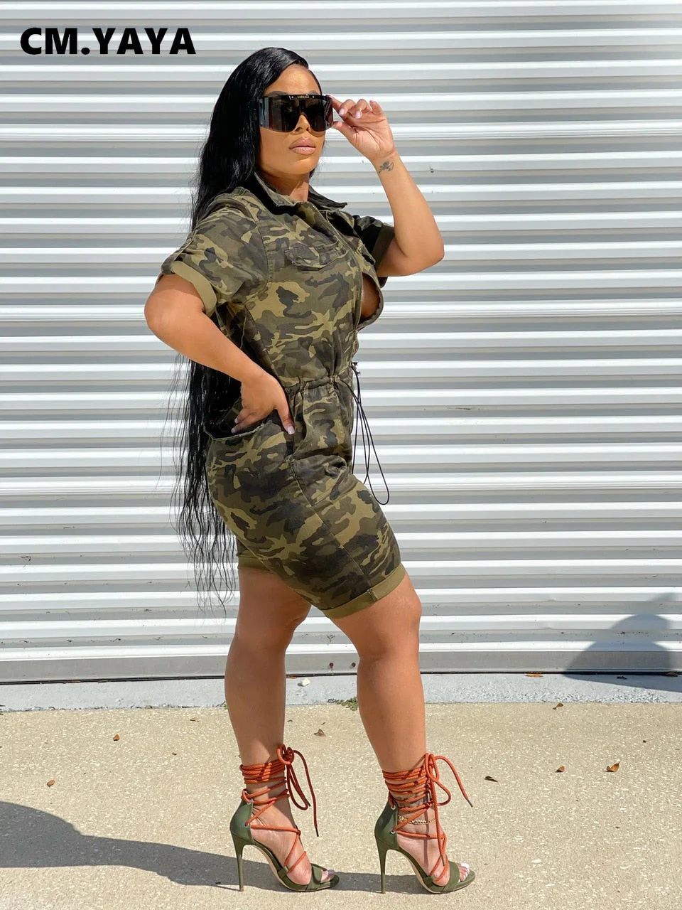 CM.YAYA Women Playsuit Camouflage Short Sleeve Turn-down Collar Straight Playsuits Casual Romper One Piece Overalls Summer