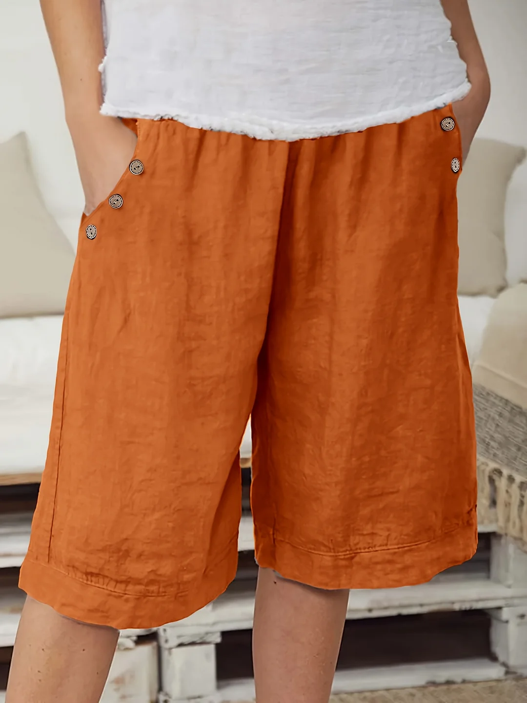 Casual Solid Color Women's Bermuda Shorts | Non-Stretch Fabric, Fake Buttons - Light Gray | Perfect For Spring/Summer/Fall, Casual Attire | Casual Style | IFYHOME