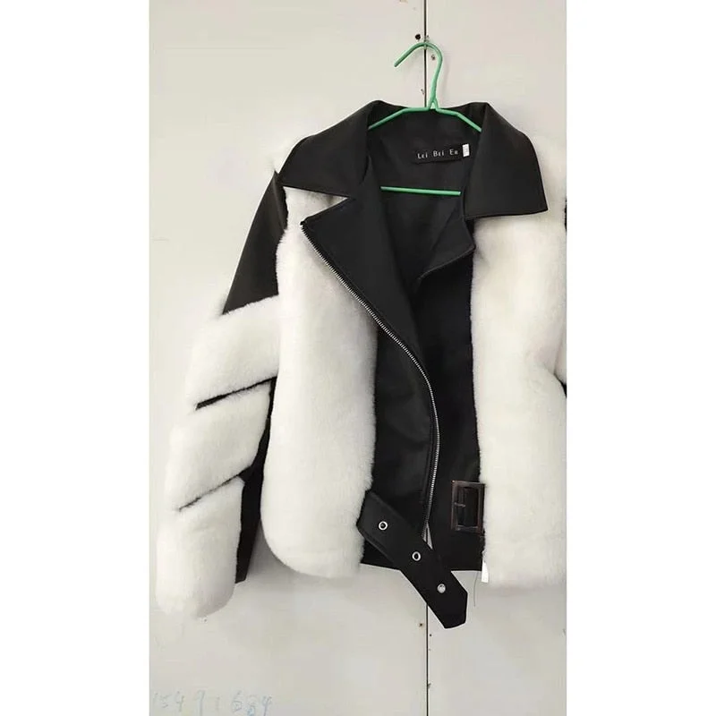 Office Lady Faux Fox Fur 2021 Winter New Fashion Women Short Zipper Jacket Female Stitching Model One Fur Parkas Overcoat