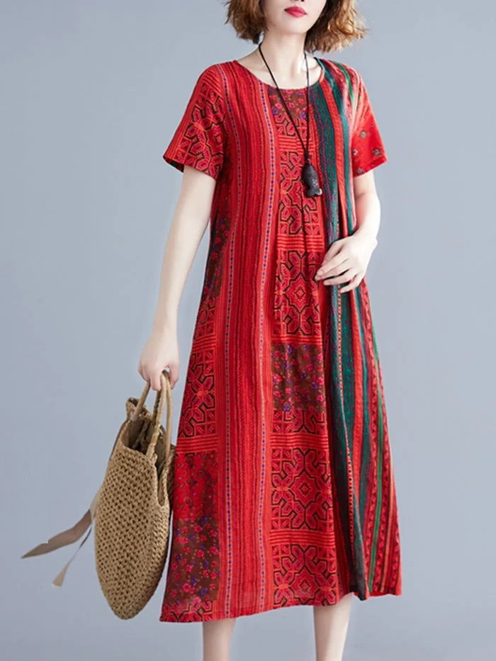 Red Striped Print Short Sleeve Dress