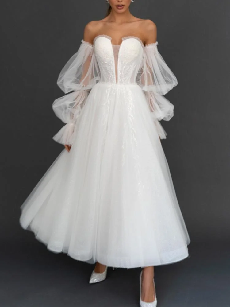 Promsstyle Off shoulder tulle sleeves elegant wedding dress Prom Dress 2023