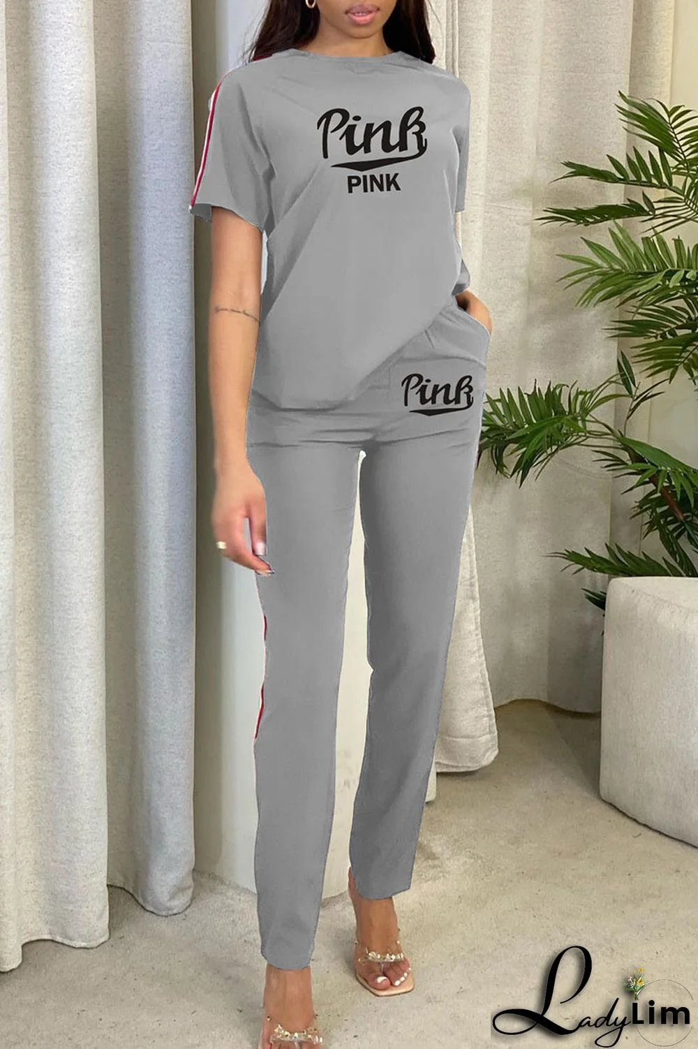 Grey Casual Print Patchwork O Neck Short Sleeve Two Pieces