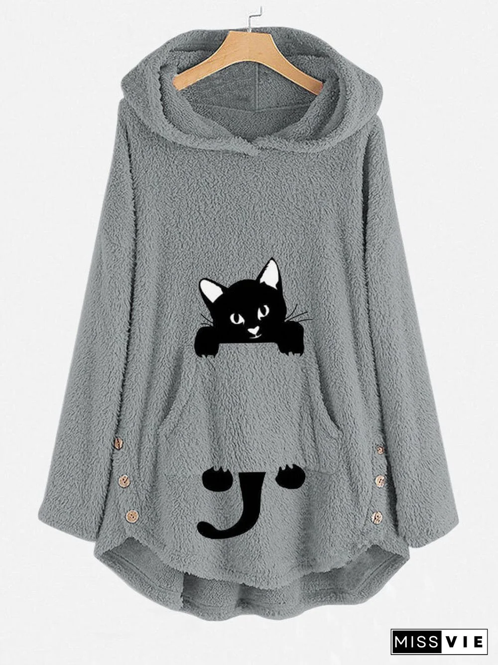 Casual Funny Cat Print Pocket Overhead Fleece Hoodies