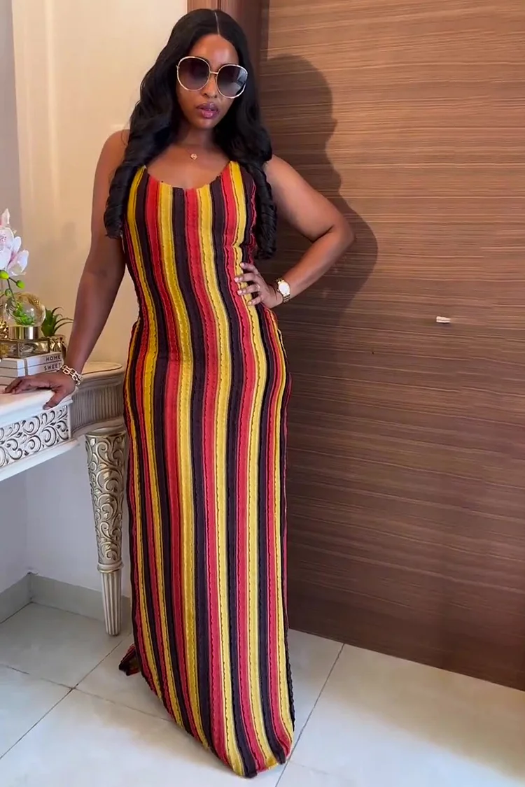 Colorblock Stripe U Neck Slim-Fit Vacay Cami Maxi Dresses-Orange [Pre Order]