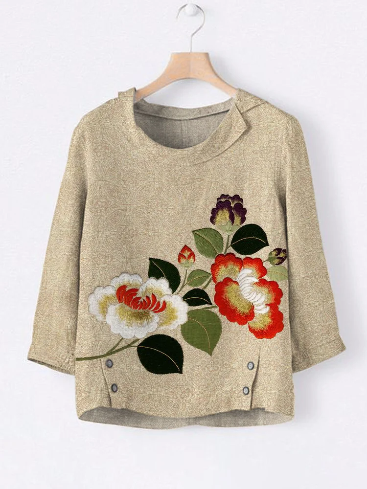 Peony Embroidery Linen Lapel Shirt