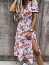 Floral-Print Short Sleeves Bohemia Maxi Dress