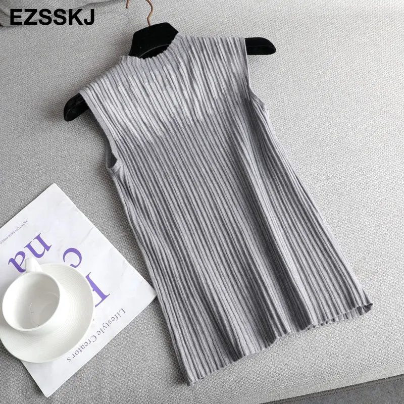 elegant Top spring autumn Knitted Tank top Women Blouse turtlenck sexy Sleeveless sweater vest Female slim top