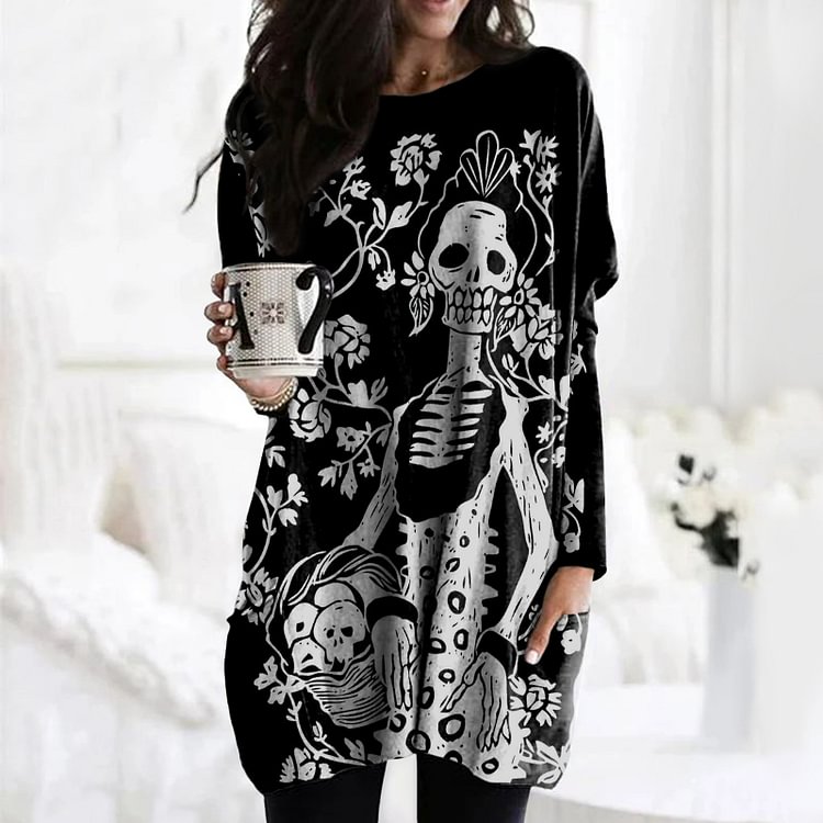 Vefave Casual Skull Floral Print Tunic