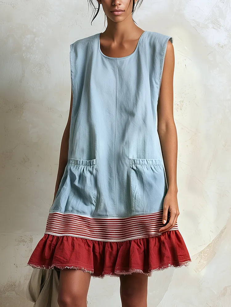 Blue Sleeveless Red Striped And Ruffled Loose Mini Dress