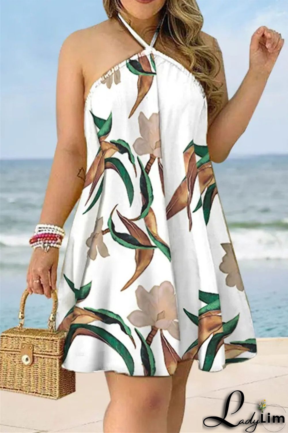 Blue Fashion Casual Print Bandage Backless Halter Sleeveless Dress Dresses