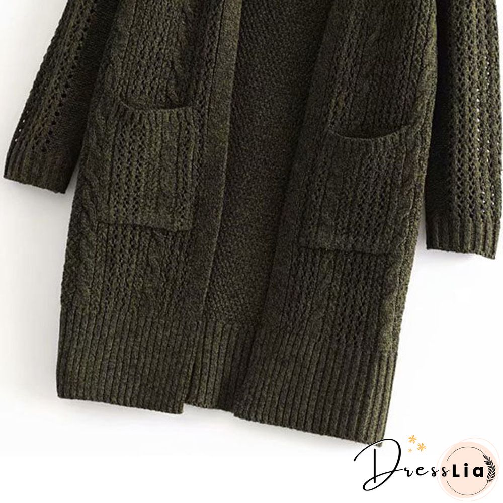 Elegant Hollow Out Braided Long Cardigan Sweater Coat With Hood