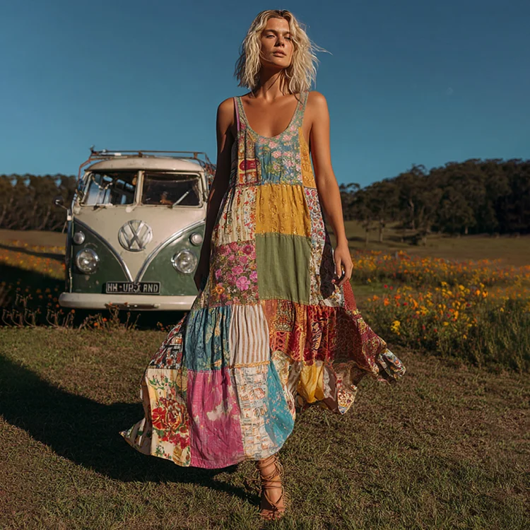 Countryside Style Collection Classy Patchwork Floral Pattern Art Linen Suspender Dress