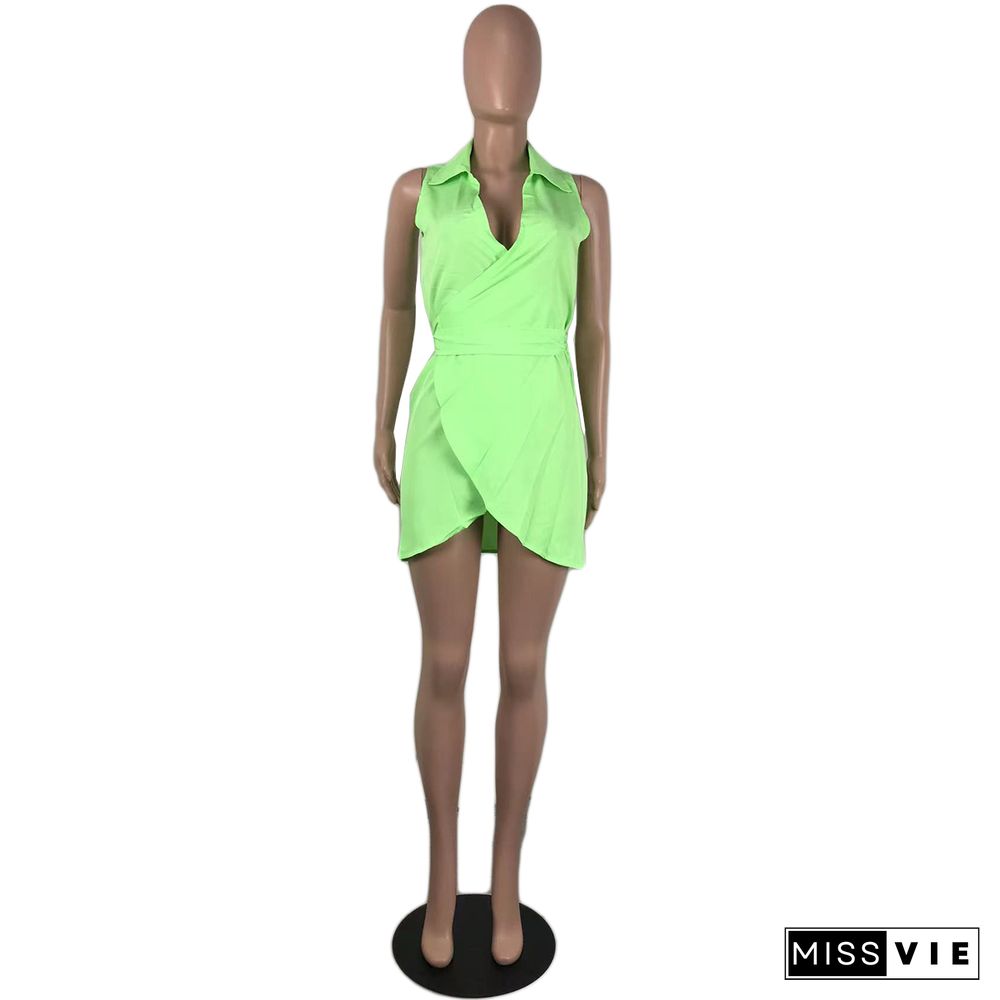 Turn Down Collar Sleeveless Lace Up Elegant Dress