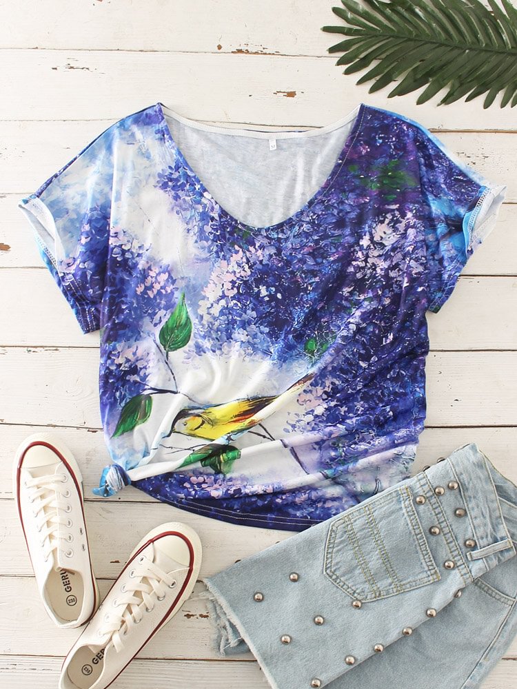 Birds Leaves Print V neck Short Sleeve Casual Women T Shirt P1848261