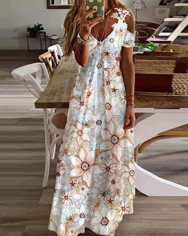 Casual Lace V-neck Floral Loose Dress