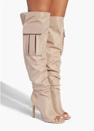 Camouflage Army Green Color Peep Toe Pocket Knee High Boots Women Patchwork Stiletto Thin Heels Long Botas Shoes Lady