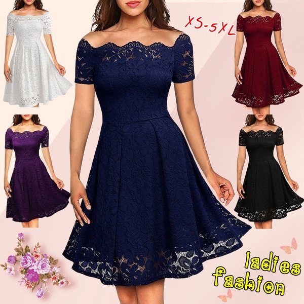 Women's Fashion Floral Lace Dress Female Black Retro Elegant Party Club Dress Evening Gowns Dress Party Prom Dresses Short Sleeve Backless Flare Swing Mini Dress - BlackFridayBuys
