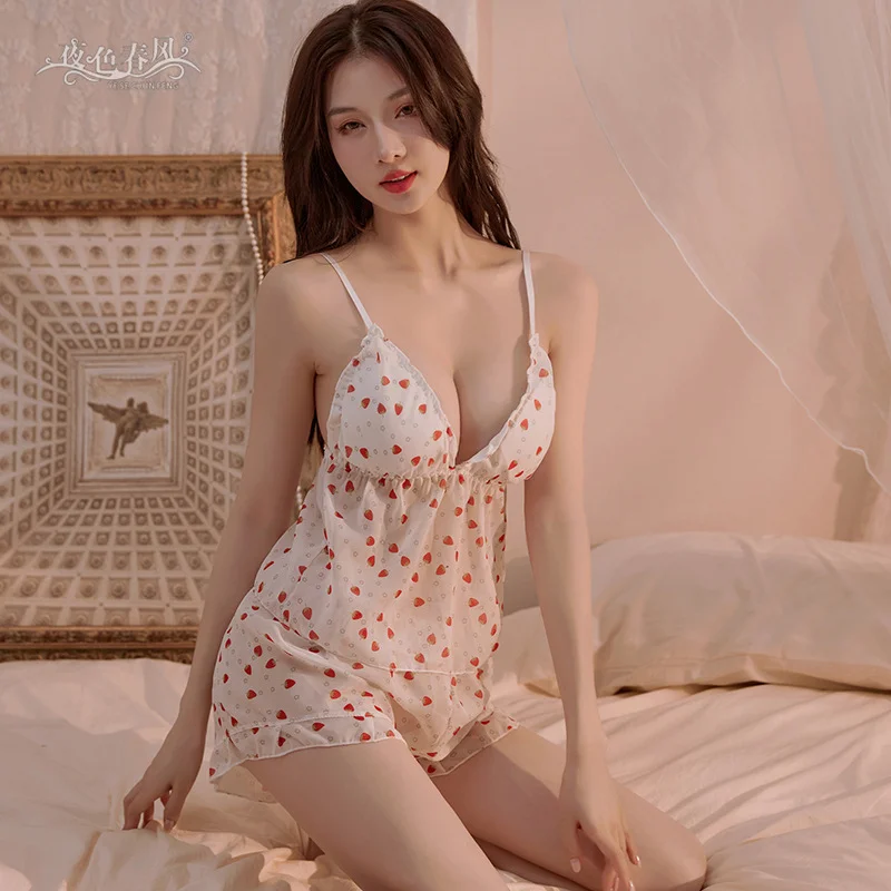 Uveng Ti Concedite Night Vows Sexy Pure Pyjamas Female Summer Slings Small Strawberry Crumbs Home Sweet Two-Piece Set 2278