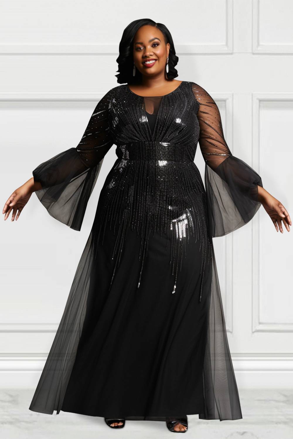 Design Plus Size Formal Elegant Black Round Neck Flare Long Sleeve See Through Sequin Maxi Dresses [Pre-Order]