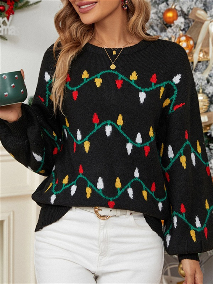 Christmas Sweater Women's Pop-up Colorful Lights Sweet Pullover Loose Christmas Knit Sweater