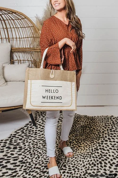 HELLO WEEKEND Jute Tote Bag