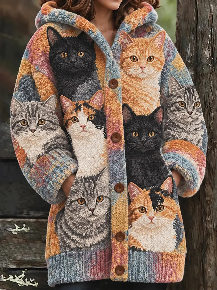 Comstylish Vintage Cat-head Colorful Hooded Cardigan Long Sweater