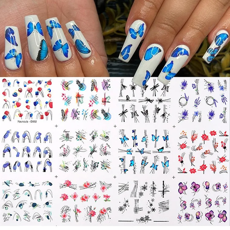 12Pcs Flower Leaf Geometric Lines Water Decals Spring Floral Butterfly Transfer Sliders Paper For Nails Decoration Manicures