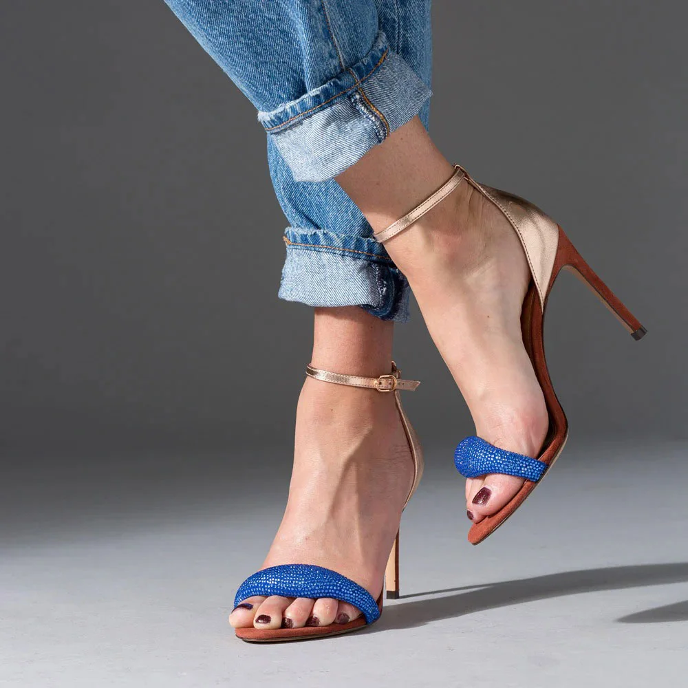 Blue & Gold Rhinestone Stiletto&nbsp;High Heel Ankle Strap Women Sandals