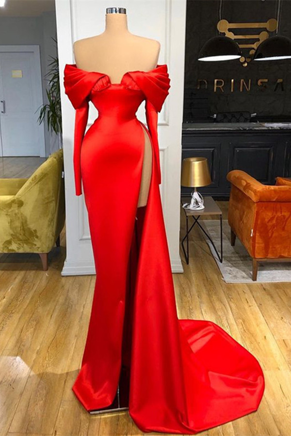 Oknass Long Sleeves Red Split Prom Dress Off-The-Shoulder Mermaid