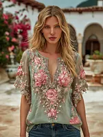 Women's Vintage Embroidered Pink Rose Mint Green Short Sleeve Top