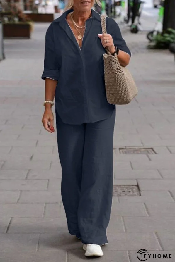 Solid Color Casual Long-sleeved Shirt and Elastic Waisted Loose Wide-leg Pants Set | IFYHOME