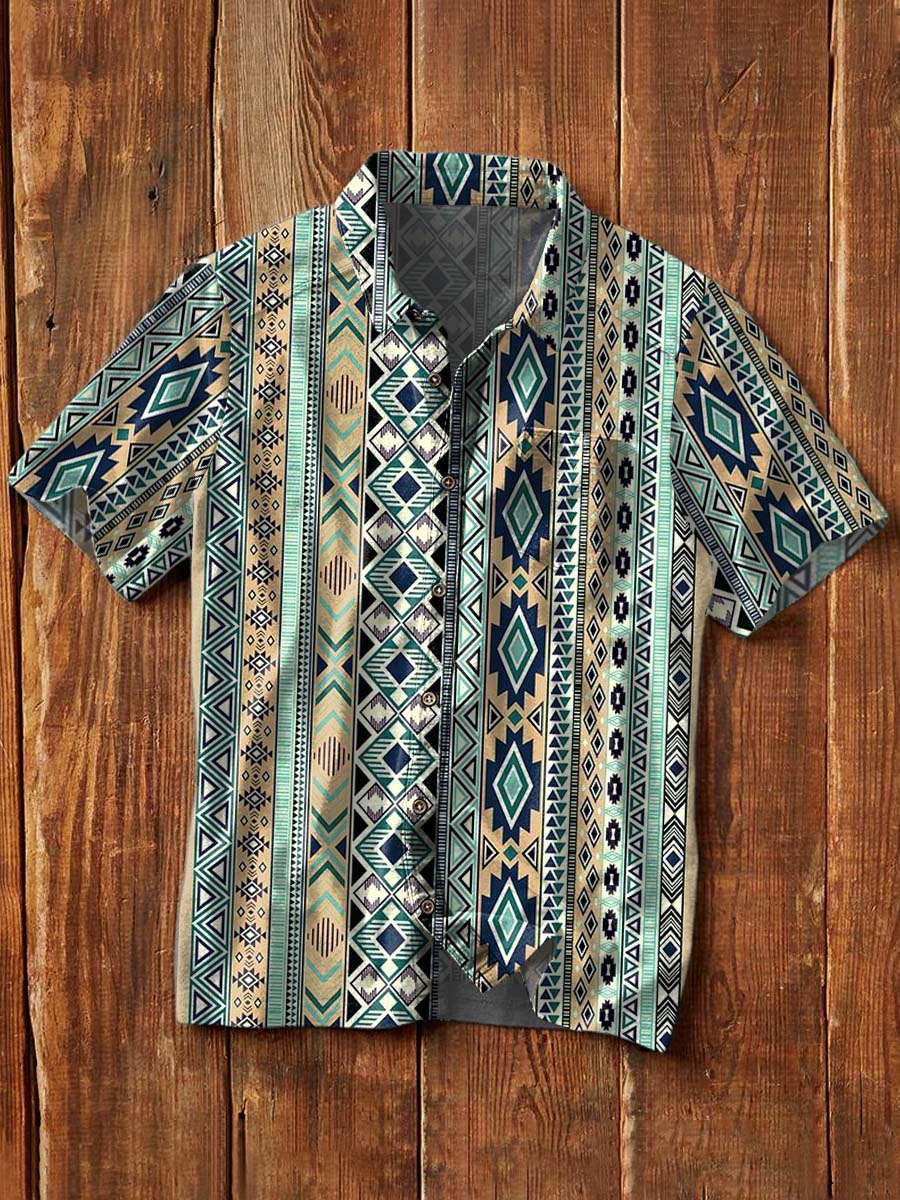 Men's Vintage Western Style Printed Casual Lapel Short Sleeve Shirt