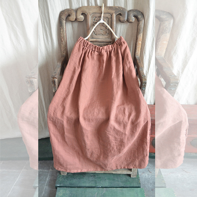 Elastic Waist Solid Color Loose Retro Ramie Skirts 